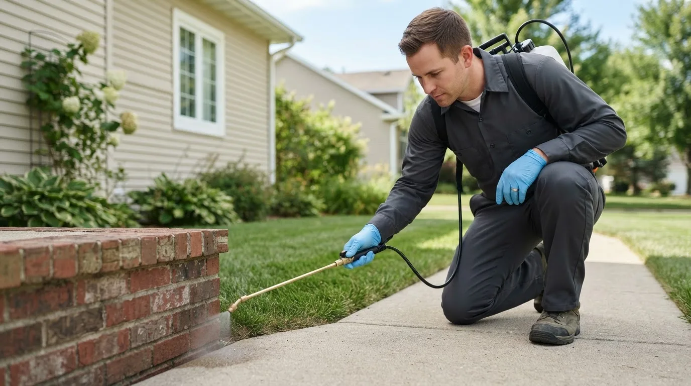 Pest control technician treating a home near Sigourney, IA